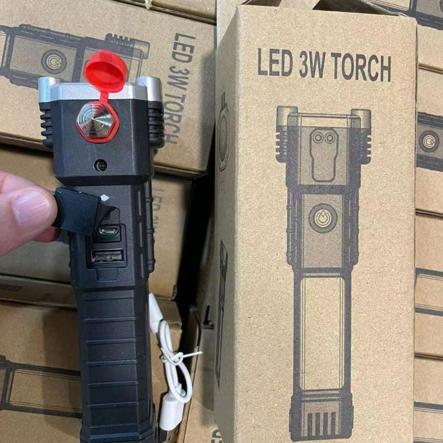 Multifunction 8 in 1 Portable LED Flashlight Rechargeable LED Torch & Emergency Tool With Window Breaker Hammer | Flashlight Household Rechargeable Ultra Strong Outdoor Bright LED Flashlight
