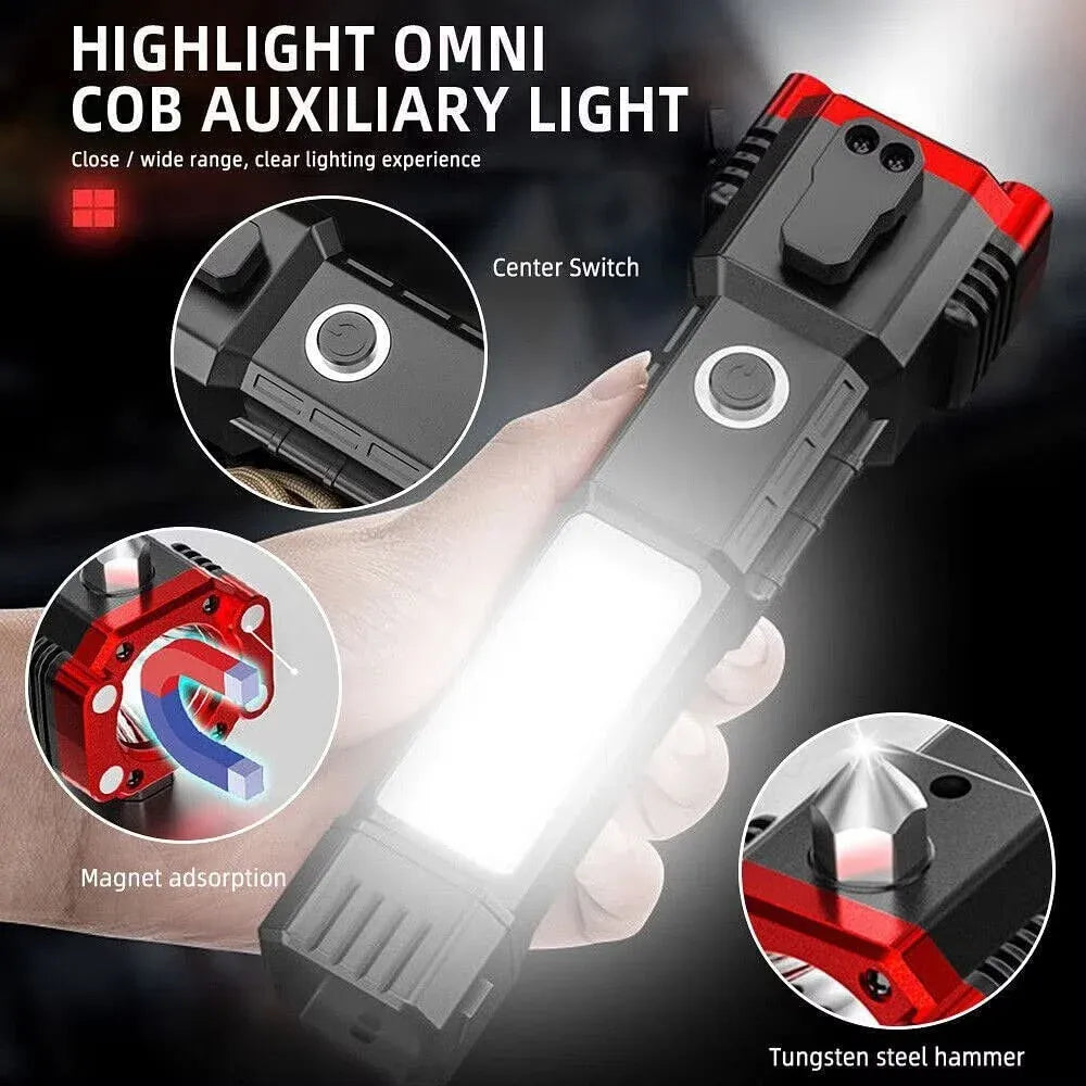 Multifunction 8 in 1 Portable LED Flashlight Rechargeable LED Torch & Emergency Tool With Window Breaker Hammer | Flashlight Household Rechargeable Ultra Strong Outdoor Bright LED Flashlight