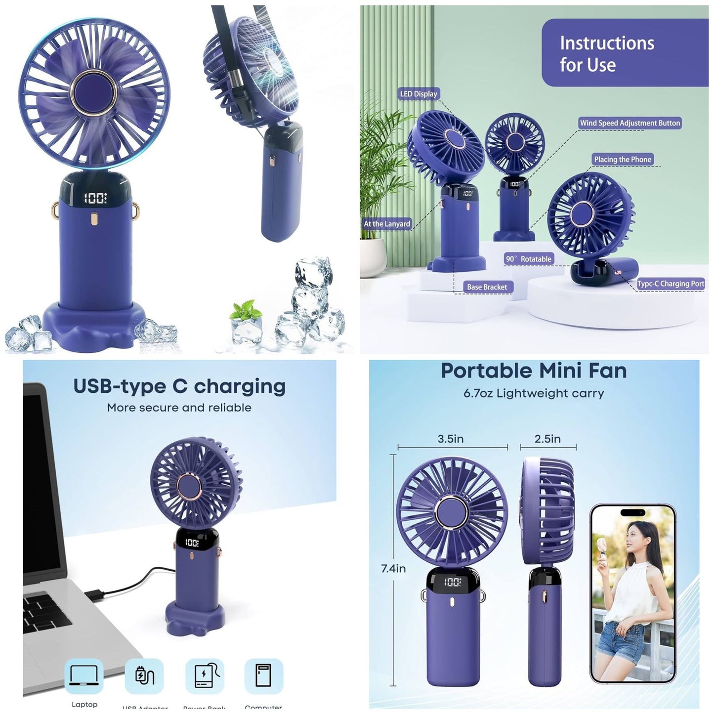 USB Handheld Mini Fan Foldable Portable Neck Hanging Fans 5 Speed Rechargeable Fan with Phone Stand and Display Screen