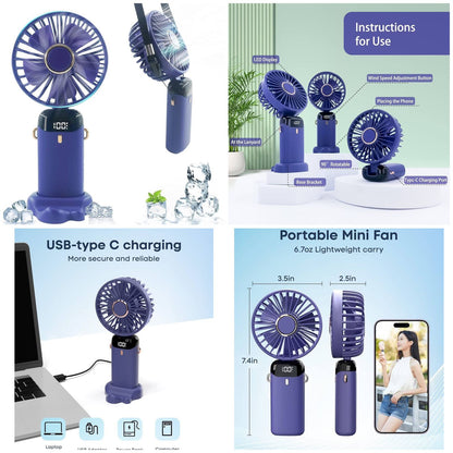 USB Handheld Mini Fan Foldable Portable Neck Hanging Fans 5 Speed Rechargeable Fan with Phone Stand and Display Screen