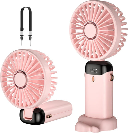 USB Handheld Mini Fan Foldable Portable Neck Hanging Fans 5 Speed Rechargeable Fan with Phone Stand and Display Screen