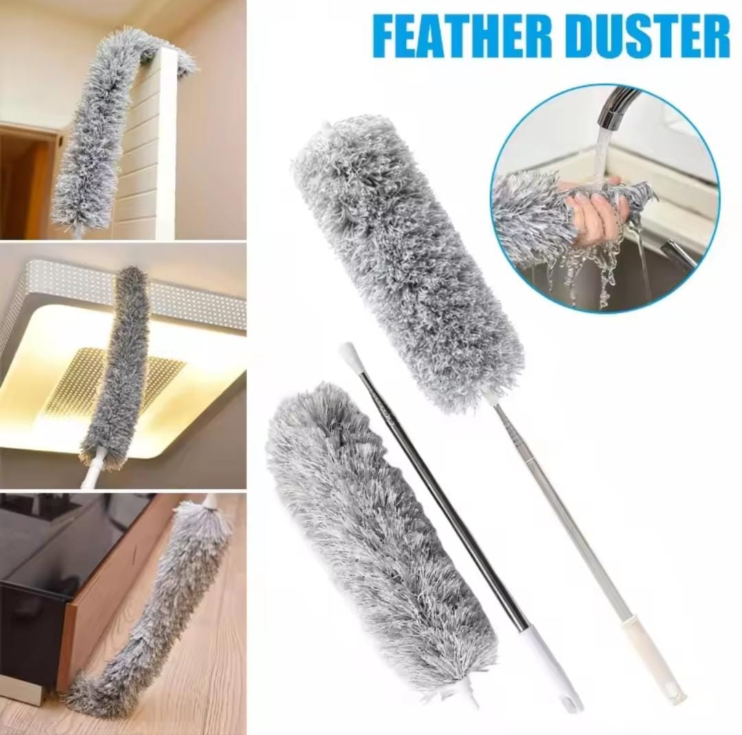 Microfiber Feather Duster with 100 Inch Telescopic Pole - Bendable High Ceiling Fan Cleaner & Cobweb Remover - Long Extendable Stainless Steel Handle Cleaning Tool for Home AC Blinds & Furniture - Washable & Scratch-Resistant Grey Microfiber Brush