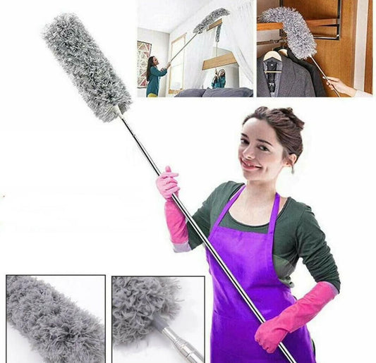 Microfiber Feather Duster with 100 Inch Telescopic Pole - Bendable High Ceiling Fan Cleaner & Cobweb Remover - Long Extendable Stainless Steel Handle Cleaning Tool for Home AC Blinds & Furniture - Washable & Scratch-Resistant Grey Microfiber Brush