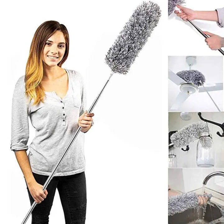 Microfiber Feather Duster with 100 Inch Telescopic Pole - Bendable High Ceiling Fan Cleaner & Cobweb Remover - Long Extendable Stainless Steel Handle Cleaning Tool for Home AC Blinds & Furniture - Washable & Scratch-Resistant Grey Microfiber Brush