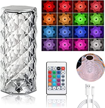Crystal Rose Diamond Table Lamp with 16-Color RGB Light – Touch Sensor & Remote Control LED Lamp, USB Rechargeable Fancy Night Light for Home Decoration, Bedroom & Gift Use