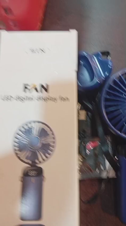 USB Handheld Mini Fan Foldable Portable Neck Hanging Fans 5 Speed Rechargeable Fan with Phone Stand and Display Screen